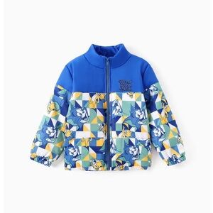 Disney Tom And Jerry Toddler Boy Checkered Splice Puffer Jacket Coat Blue